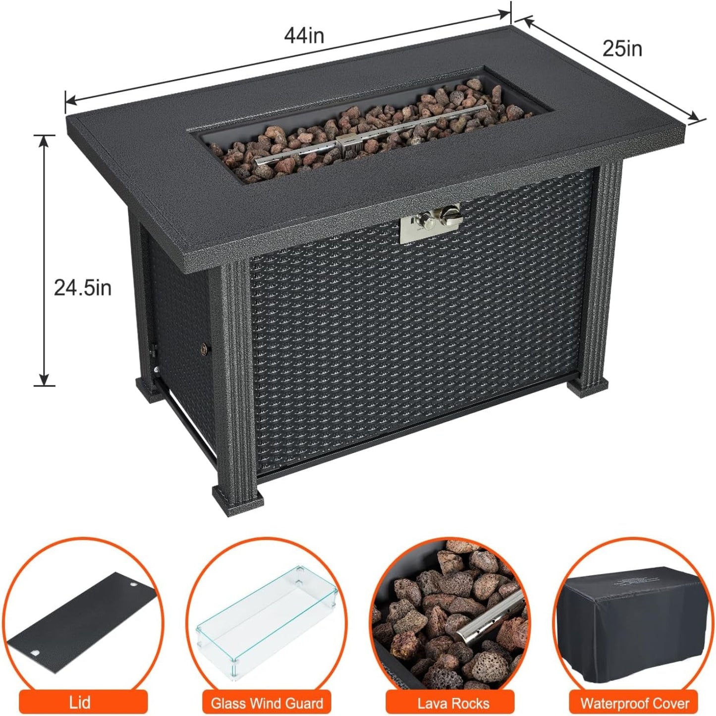 Outdoor Fire Table, 44 Inch Rectangle Propane Gas Fire Pit Table, 50,000 BTU Modern Firepit with Wind Guard, Lava Rock, Rain Cover