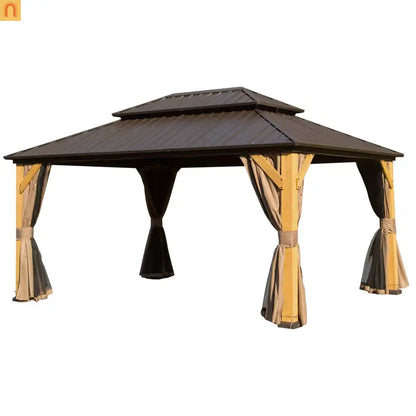 Hardtop Gazebo Cedar Wood Brown 10x14 ft with Curtains and Netting