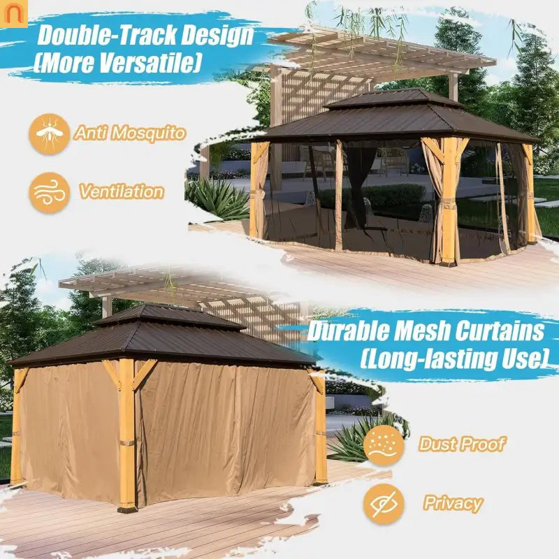 Hardtop Gazebo Cedar Wood Brown 10x14 ft with Curtains and Netting