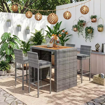 5-Piece Gray Wicker Outdoor Dining Set with Gray Cushions