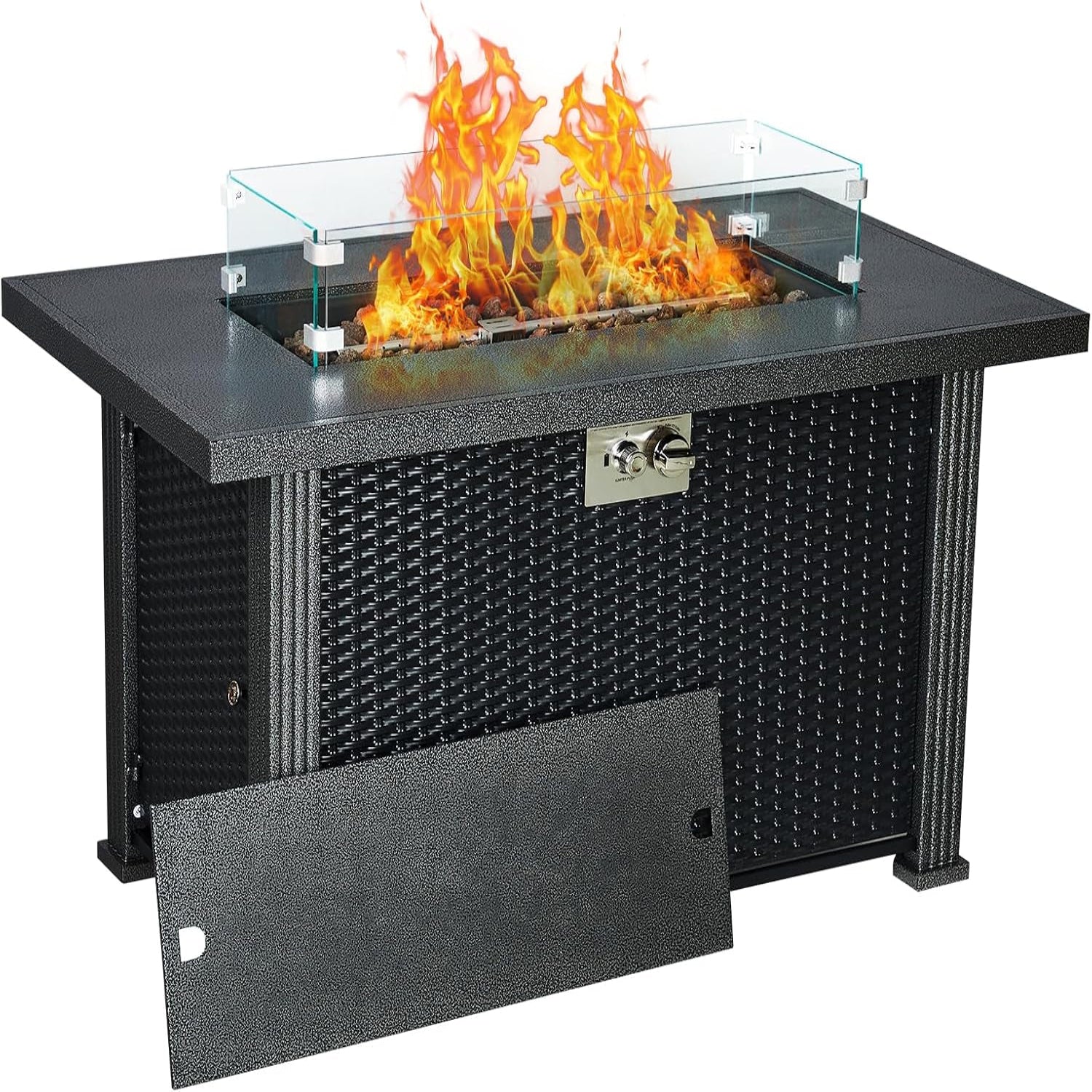 Outdoor Fire Table, 44 Inch Rectangle Propane Gas Fire Pit Table, 50,000 BTU Modern Firepit with Wind Guard, Lava Rock, Rain Cover