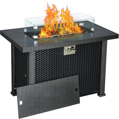 Outdoor Fire Table, 44 Inch Rectangle Propane Gas Fire Pit Table, 50,000 BTU Modern Firepit with Wind Guard, Lava Rock, Rain Cover
