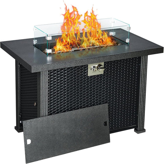 Outdoor Fire Table, 44 Inch Rectangle Propane Gas Fire Pit Table, 50,000 BTU Modern Firepit with Wind Guard, Lava Rock, Rain Cover