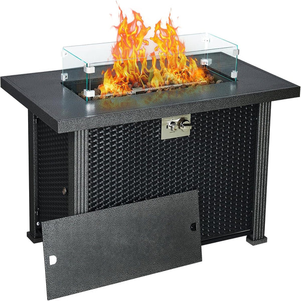 Outdoor Fire Table, 44 Inch Rectangle Propane Gas Fire Pit Table, 50,000 BTU Modern Firepit with Wind Guard, Lava Rock, Rain Cover