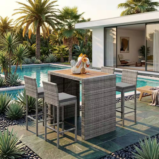 5-Piece Gray Wicker Outdoor Dining Set with Gray Cushions
