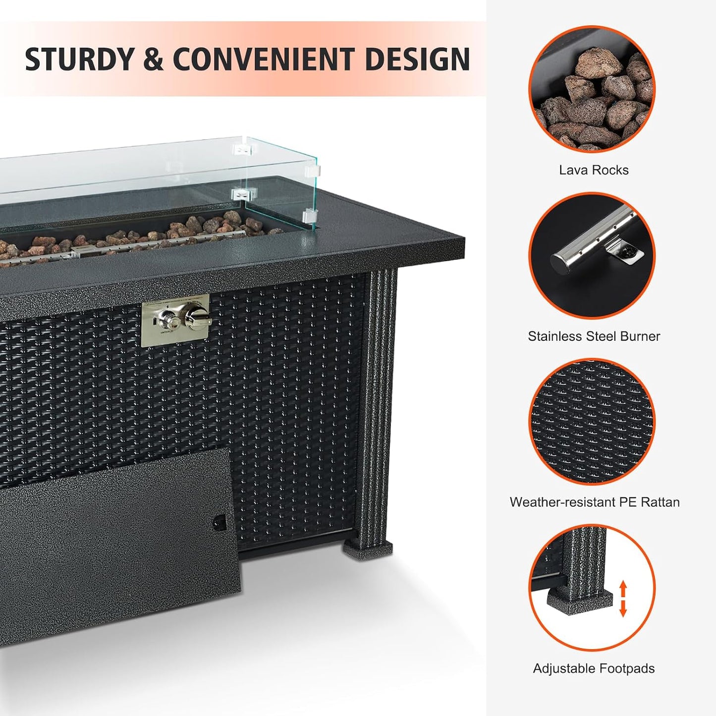 Outdoor Fire Table, 44 Inch Rectangle Propane Gas Fire Pit Table, 50,000 BTU Modern Firepit with Wind Guard, Lava Rock, Rain Cover
