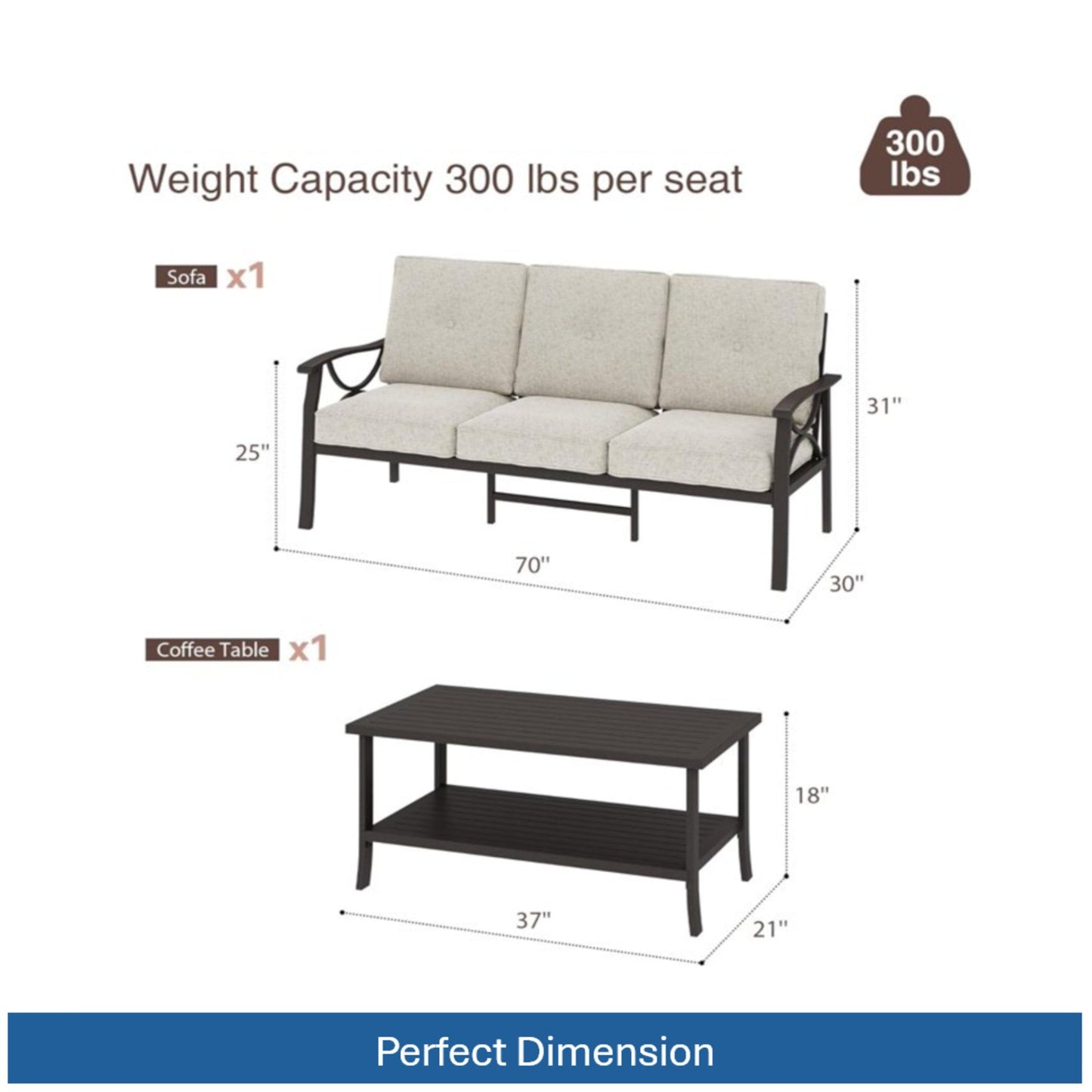 5-Piece Metal Patio Furniture Set, 7-Seat All-Weather Conversation Sofa