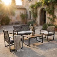 4-Piece Wicker Patio Conversation Set with Cushion, Outdoor Patio Furniture Set with Wood Table Top-Grey Cushions — Studio Shot