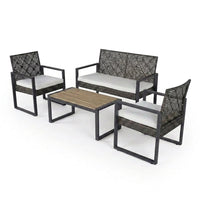 4-Piece Wicker Patio Conversation Set with Cushion, Outdoor Patio Furniture Set with Wood Table Top-Grey Cushions — Studio Shot