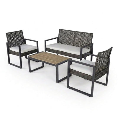 Wicker Patio Conversation Set Designed for Outdoor Entertaining, 4 Pieces, Acacia Wood Top, Grey Cushions