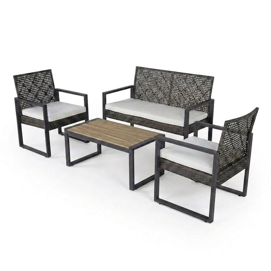 4-Piece Wicker Patio Conversation Set with Cushion, Outdoor Patio Furniture Set with Wood Table Top-Grey Cushions — Studio Shot