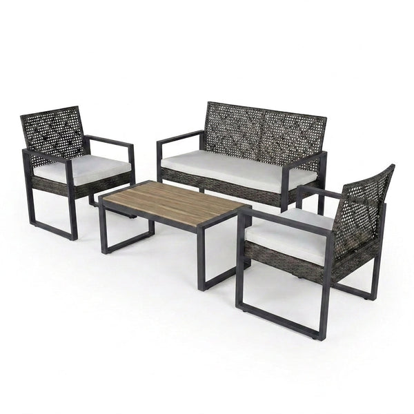 4-Piece Wicker Patio Conversation Set with Cushion, Outdoor Patio Furniture Set with Wood Table Top-Grey Cushions — Studio Shot