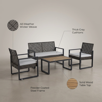 4-Piece Wicker Patio Conversation Set with Cushion, Outdoor Patio Furniture Set with Wood Table Top-Grey Cushions — infographic