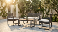 4-Piece Wicker Patio Conversation Set with Cushion, Outdoor Patio Furniture Set with Wood Table Top-Grey Cushions — Lifestyle