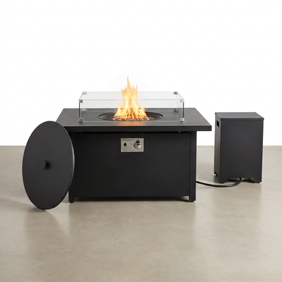 Outdoor Fire Table Built for All-Weather Use, 50,000 BTU Propane, 48 Inch Steel Top, Tank Storage