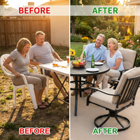 5-Piece Metal Outdoor Dining Set with Beige Cushions and Swivel Dining Chairs — Before & After