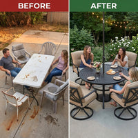 5-Piece Metal Outdoor Dining Set with Beige Cushions and Swivel Dining Chairs — Before & After