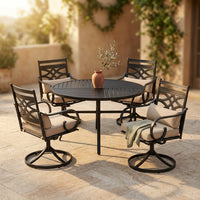 5-Piece Metal Outdoor Dining Set with Beige Cushions and Swivel Dining Chairs — Studio Shot