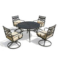 Outdoor Dining Set Built for All-Weather Use, 5-Piece Metal Frame, Swivel Rocker Chairs, Beige Cushions