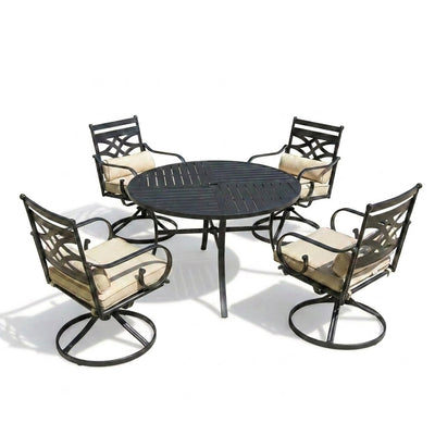 Outdoor Dining Set Built for All-Weather Use, 5-Piece Metal Frame, Swivel Rocker Chairs, Beige Cushions