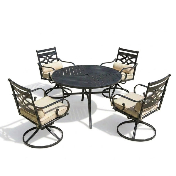 5-Piece Metal Outdoor Dining Set with Beige Cushions and Swivel Dining Chairs — Studio Shot