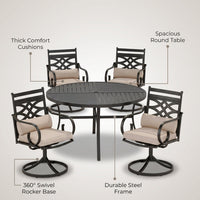 5-Piece Metal Outdoor Dining Set with Beige Cushions and Swivel Dining Chairs — infographic
