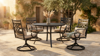 5-Piece Metal Outdoor Dining Set with Beige Cushions and Swivel Dining Chairs — Lifestyle
