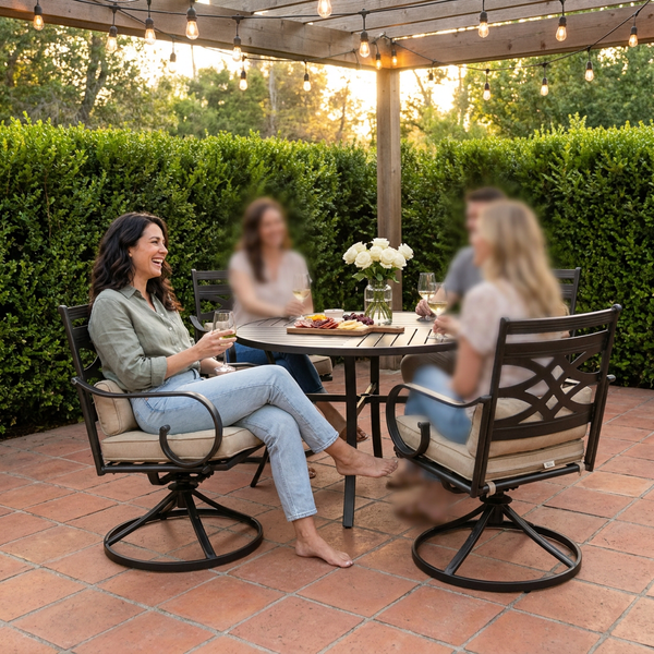 Outdoor Dining Set Built for All-Weather Use, 5-Piece Metal Frame, Swivel Rocker Chairs, Beige Cushions