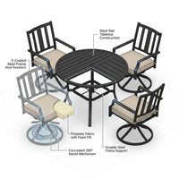 5-Piece Metal Outdoor Dining Set with Beige Cushions and Swivel Dining Chairs — How It Works
