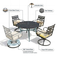 5-Piece Metal Outdoor Dining Set with Beige Cushions and Swivel Dining Chairs — How It Works