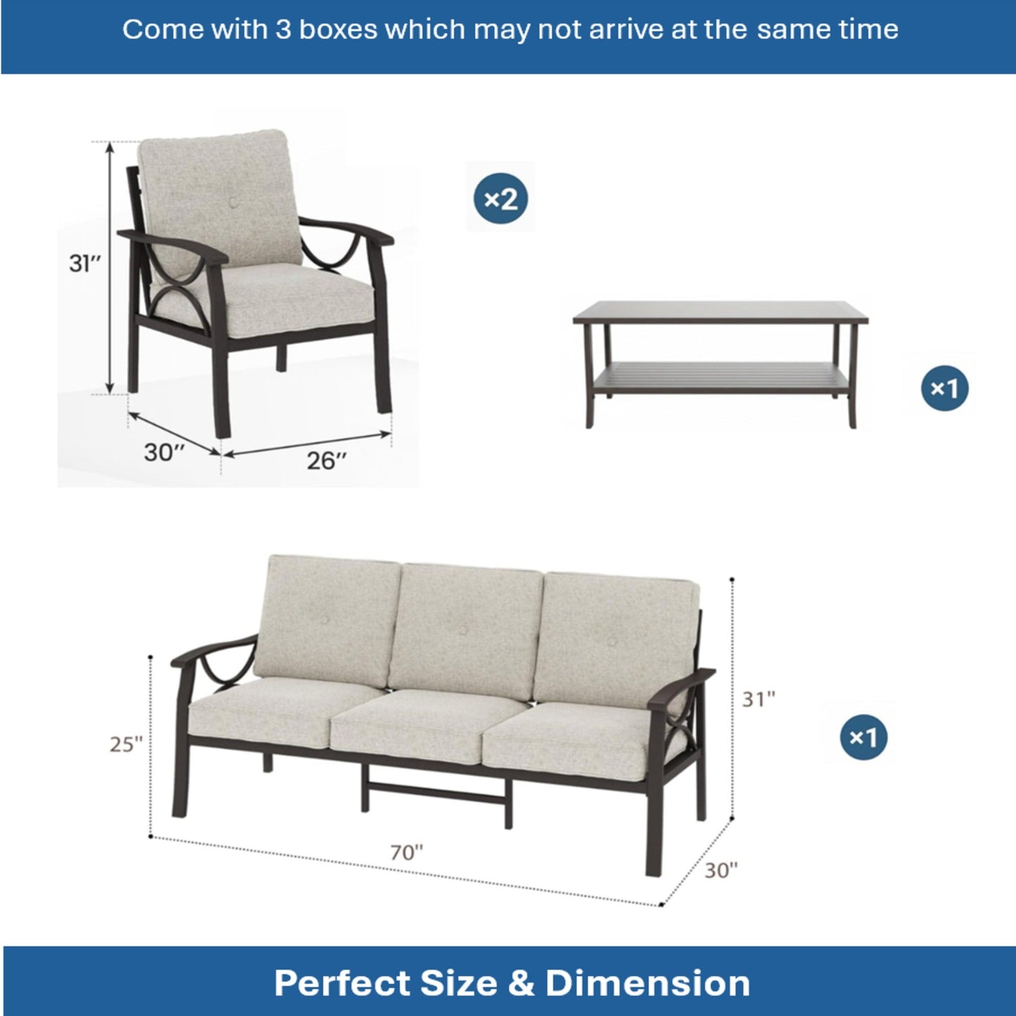 5-Piece Metal Patio Furniture Set, 7-Seat All-Weather Conversation Sofa