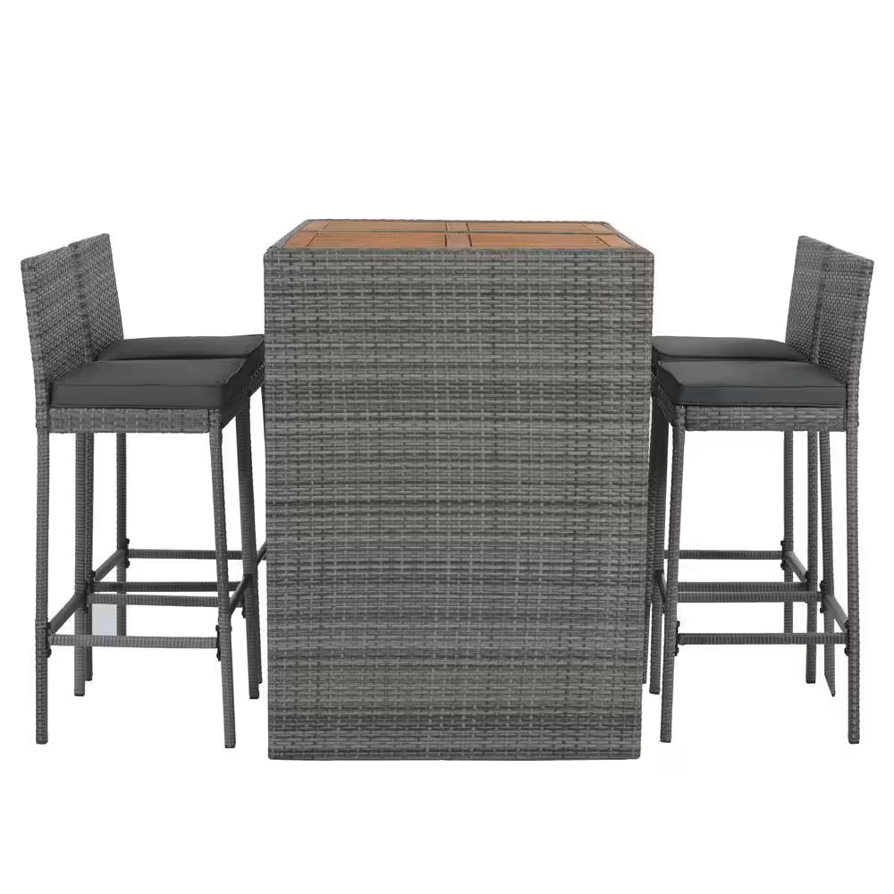 5-Piece Gray Wicker Outdoor Dining Set with Gray Cushions