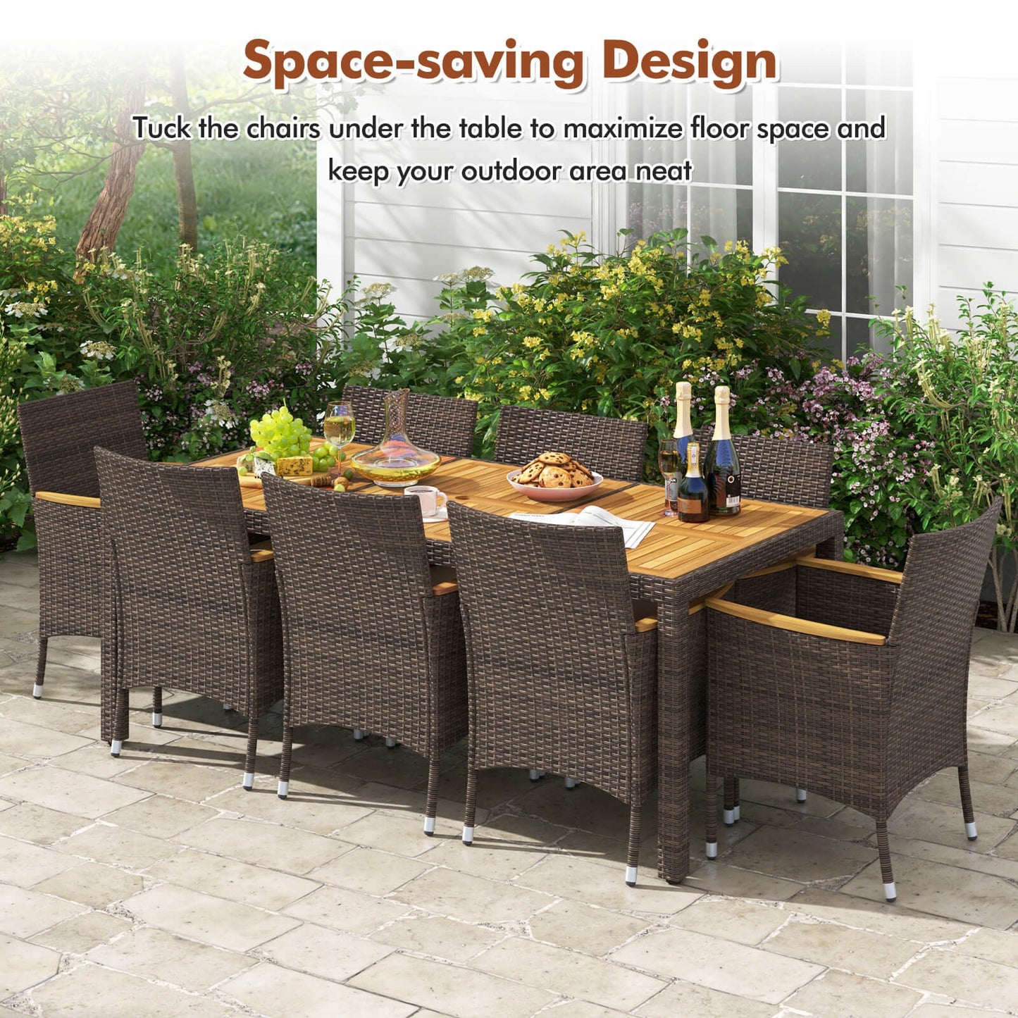 9PCS Patio Dining Set W/ Acacia Wood Table Top Outdoor Dining Set for 8 People