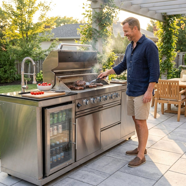 BBQ Island Outdoor Kitchen Kits, 4-Burner 72000 BTU Stainless Steel Modular 98 Inch Natural Gas Outdoor Kitchen Bar Barbecue Island Grill with Refrigerator and Sink for Patio Backyard — Lifestyle
