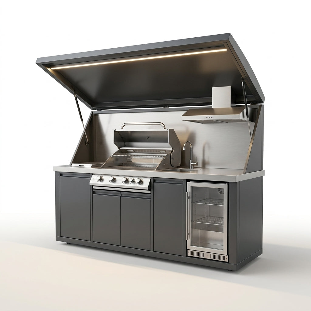 Customized Multi Functional Outdoor Kitchen BBQ Pod with Shelter Moisture Resistant Stainless Steel Outdoor Kitchen Patio Shed — Studio Shot