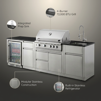 Outdoor Kitchen Grill Built for Backyard Cooking, 4-Burner 72000 BTU, Stainless Steel, Sink & Fridge — infographic