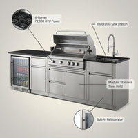 Outdoor Kitchen Grill Built for Backyard Cooking, 4-Burner 72000 BTU, Stainless Steel, Sink & Fridge — infographic