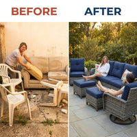 Patio Furniture Set 6-Piece Outdoor Patio Conversation Set with Blue Cushions Lawn Furniture — Before & After