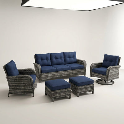 Patio Furniture Set Built for Outdoor Gatherings, 6 Piece Conversation Set, Swivel Rocker Chairs, Blue Cushions