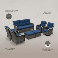 Patio Furniture Set 6-Piece Outdoor Patio Conversation Set with Blue Cushions Lawn Furniture — infographic