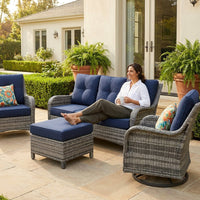Patio Furniture Set 6-Piece Outdoor Patio Conversation Set with Blue Cushions Lawn Furniture — Lifestyle