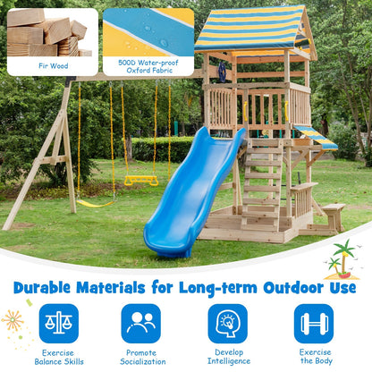 Wooden Swing Set with Large Upper Deck Slide and Steering Wheel