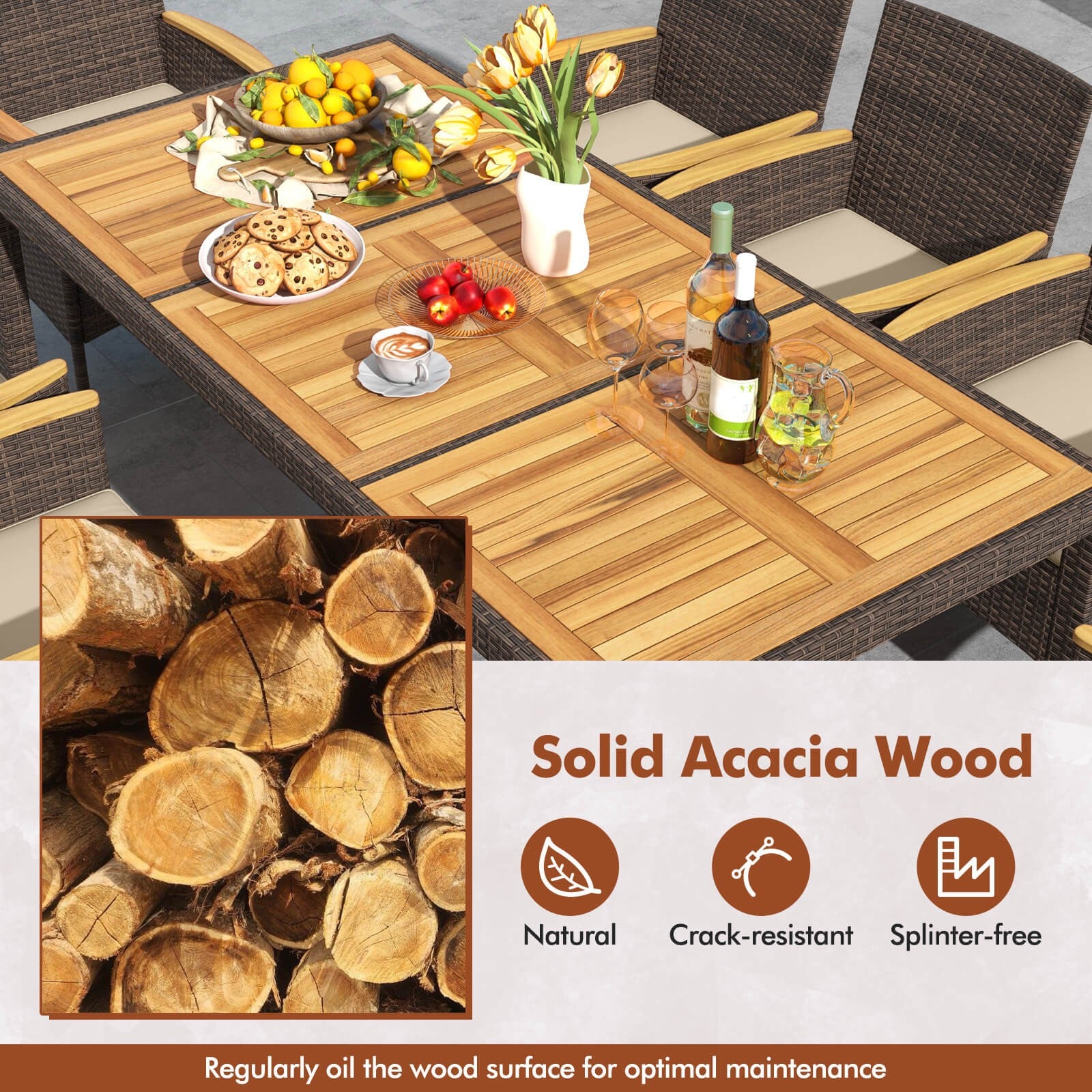 9PCS Patio Dining Set W/ Acacia Wood Table Top Outdoor Dining Set for 8 People