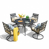 Outdoor Dining Set Built for All-Weather Use, 5-Piece Metal Frame, Swivel Rocker Chairs, Beige Cushions