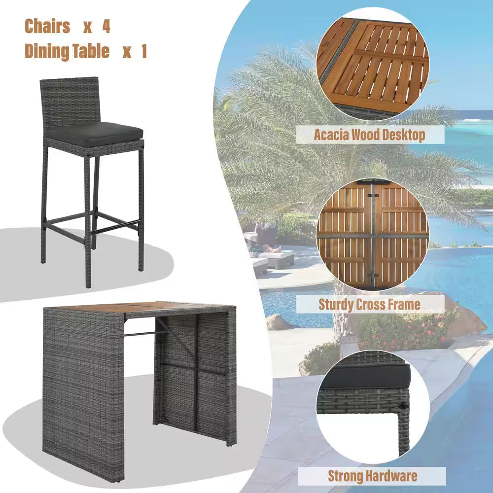 5-Piece Gray Wicker Outdoor Dining Set with Gray Cushions