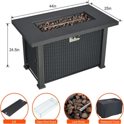 Outdoor Fire Table, 44 Inch Rectangle Propane Gas Fire Pit Table, 50,000 BTU Modern Firepit with Wind Guard, Lava Rock, Rain Cover