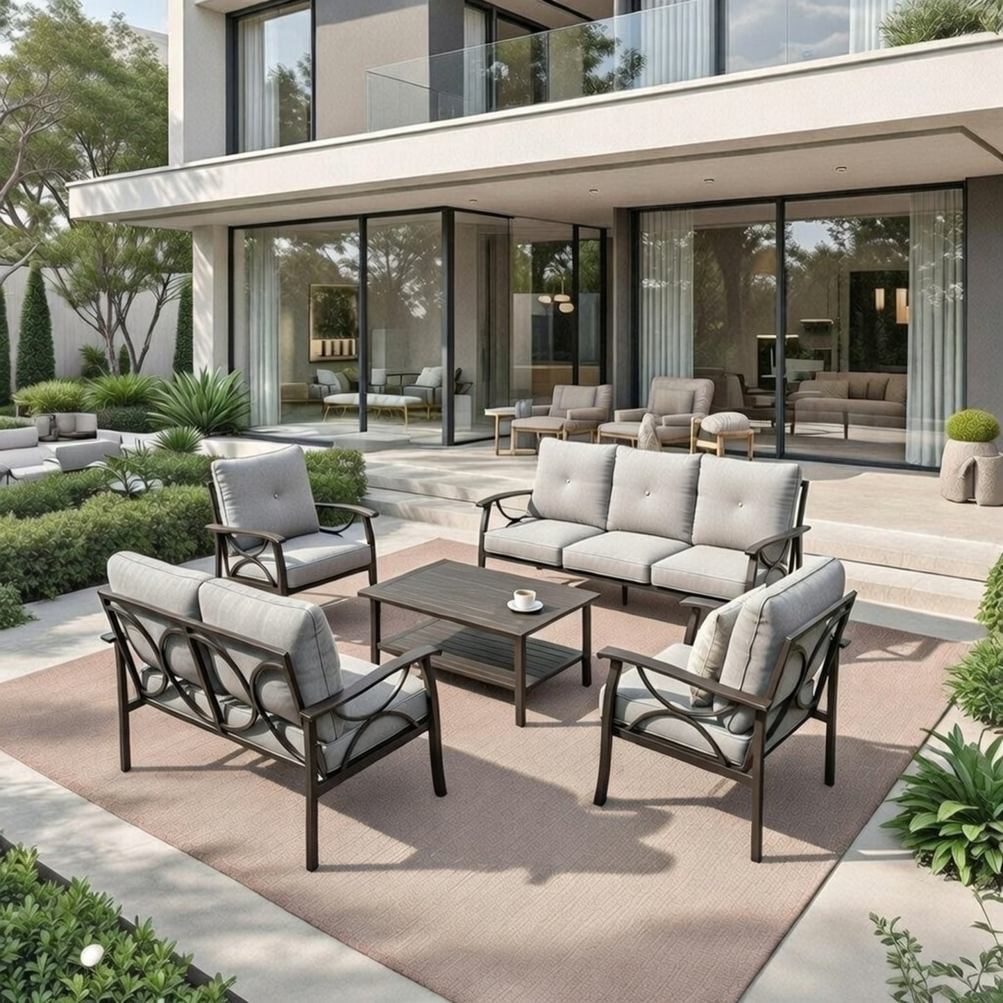 5-Piece Metal Patio Furniture Set, 7-Seat All-Weather Conversation Sofa