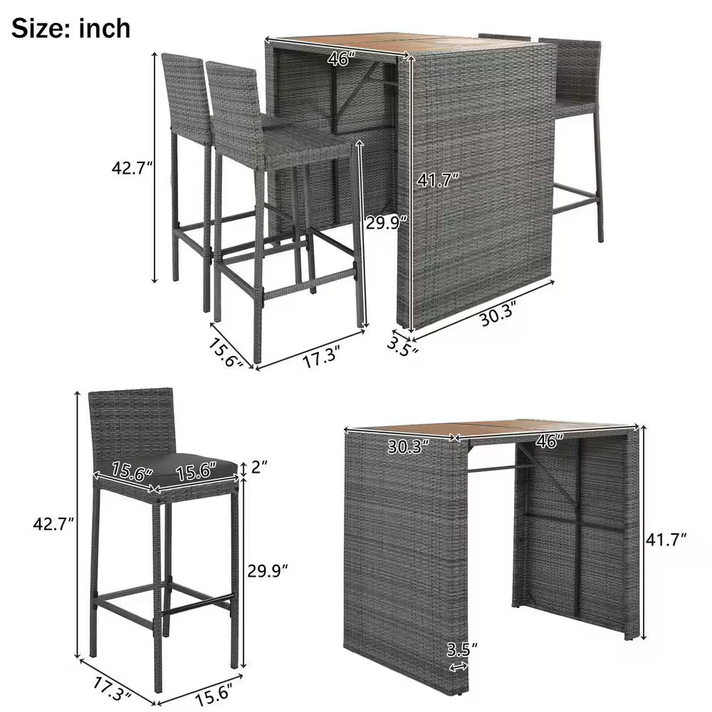 5-Piece Gray Wicker Outdoor Dining Set with Gray Cushions