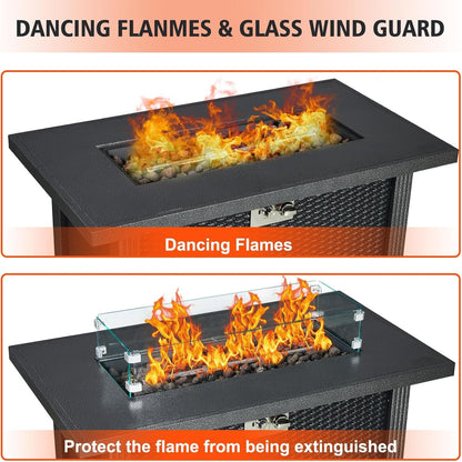 Outdoor Fire Table, 44 Inch Rectangle Propane Gas Fire Pit Table, 50,000 BTU Modern Firepit with Wind Guard, Lava Rock, Rain Cover