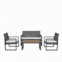 Wicker Patio Conversation Set Designed for Outdoor Entertaining, 4 Pieces, Acacia Wood Top, Grey Cushions